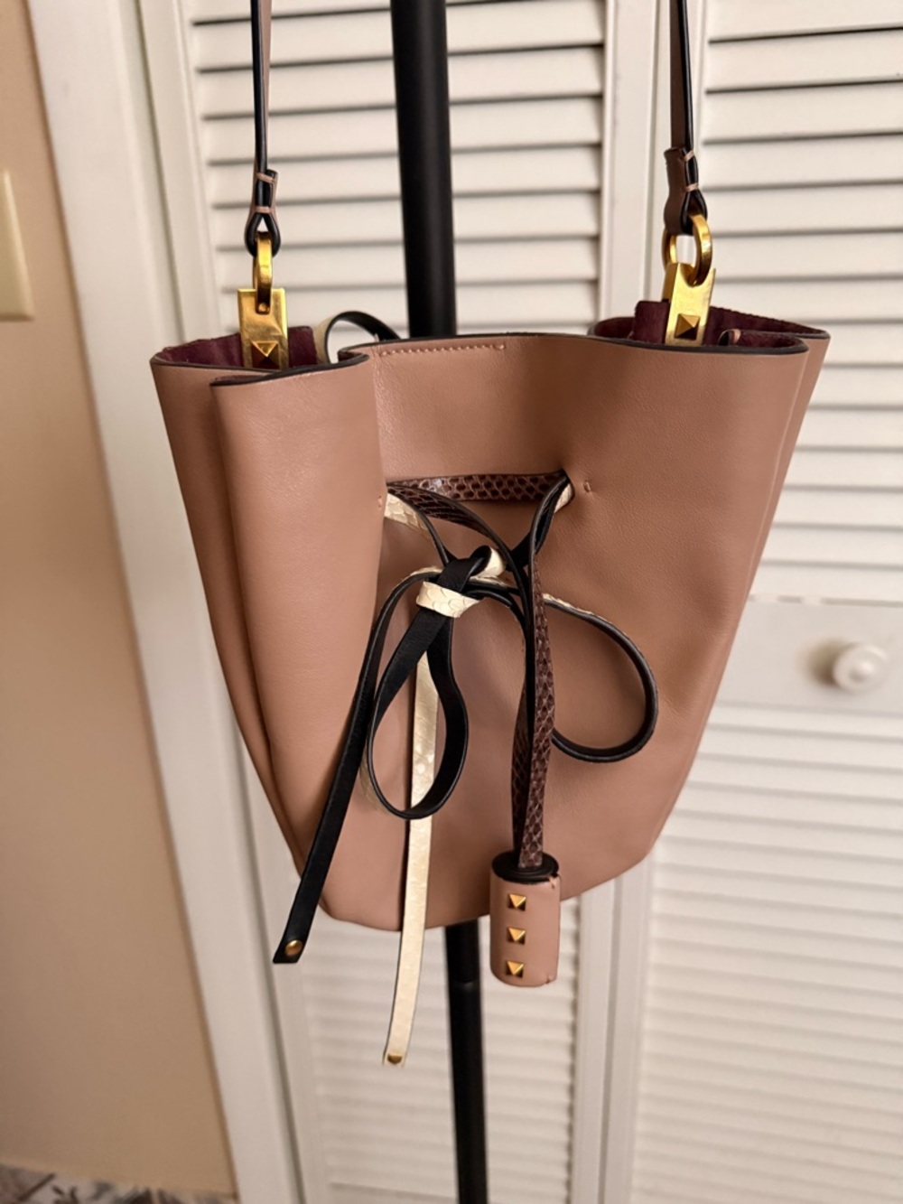 Valentino Taupe Leather Drawstring Crossbody with Gold Hardware